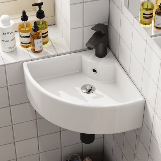 HOROW Toilette Fontaine - Montage Mural - Lavabo Toilette Céramique - Blanc Brillant - 32x32 cm - avec trou de robinet et avec débordement