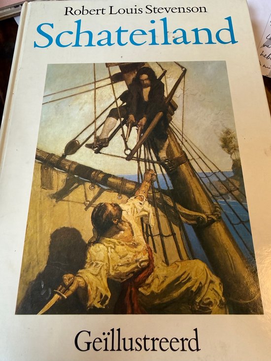 Boekomslag van Schateiland, met schildering van piraten op een scheepsdek bij de mast.