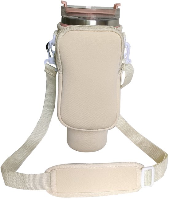 Bottle Holder with Bag, voor thermos Flask with Straw and Lid, Water Bottle Holder with Adjustable Strap, Suitable for Hiking, Running, Cycling, Cream — afbeelding 5