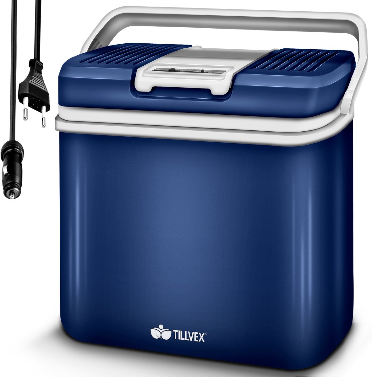 tillvex elektrische koelbox 24L | Mini-koelkast 230 V en 12 V voor auto en camping | koelt & verwarmt | ECO-modus (Blauw)
