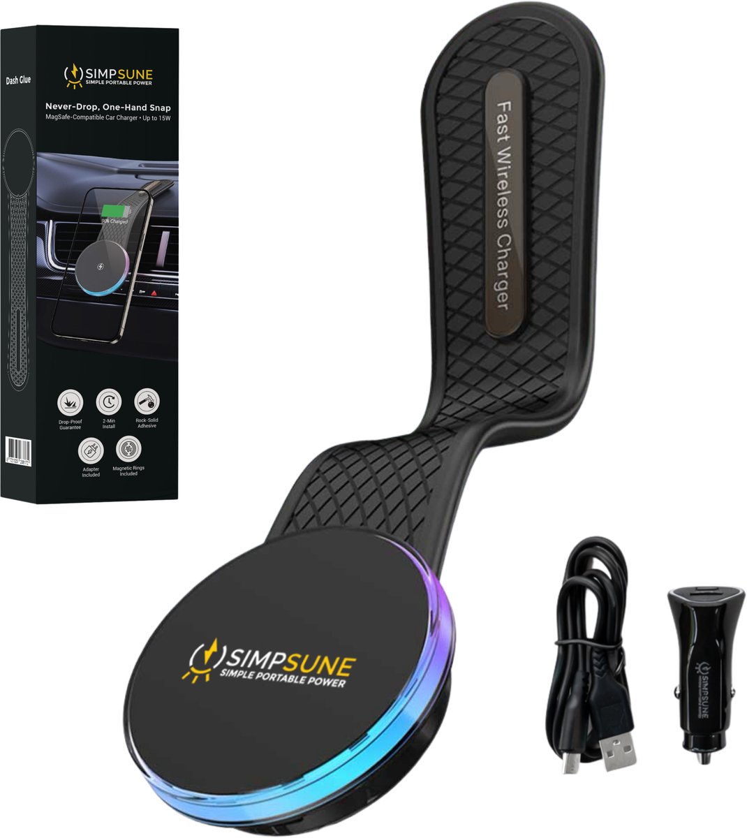 SimpSune MagSafe autohouder – magnetische telefoonhouder / Phone Holder Car voor dashboard – 15W draadloze oplader – 360° draaibaar, sterke magneet – incl. USB‑C kabel & auto‑adapter – geschikt voor MagSafe compatibele smartphones