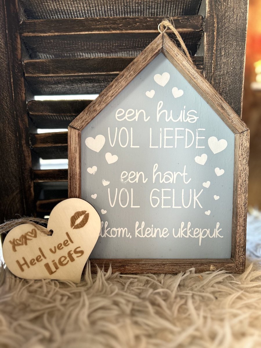 Creaties van Hier –Tekstlijstje huis een huis vol liefde met hartje – baby blauw - 21,5 cm – Kraamcadeau - baby