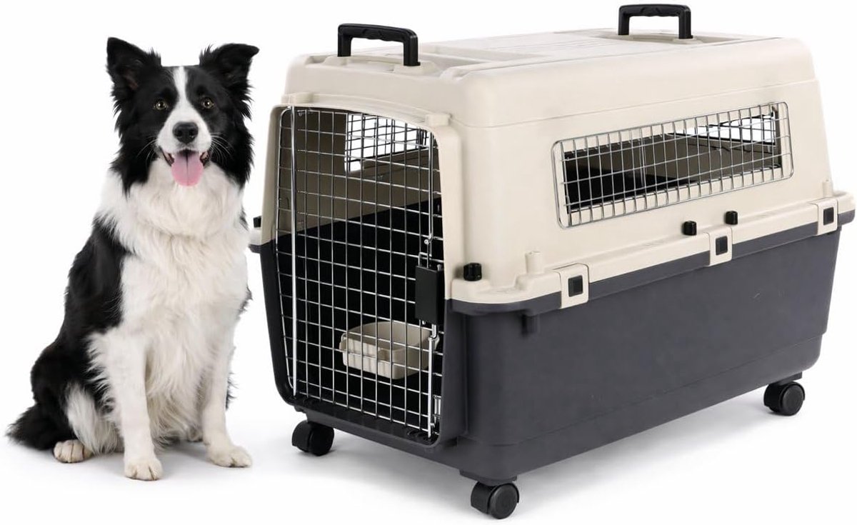 Reisbench hond – Autobench – Transportbox hond – Fomad Donkergrijs L (57x80x59,5 cm) – Kunststof – Met metalen deur & veiligheidsslot – Inclusief eet- en drinkpot & wielen – Flamingo