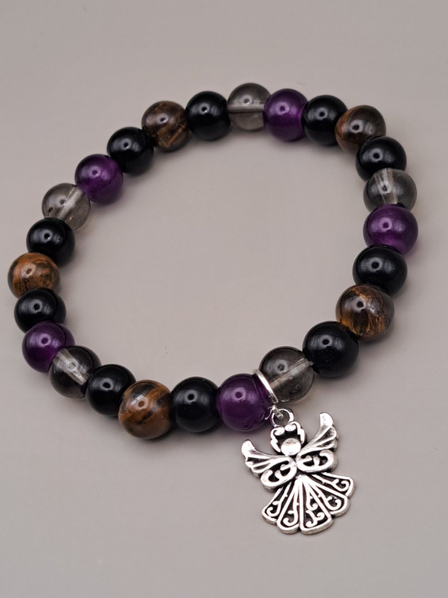 Natuursteen armband - Amethist-Obsidian-Tijgeroog-Rookkwarts Geluksarmband - Edelsteen armband - Amethist armband - Kralen armband - Edelstenen armband - Edelsteen - Geluksarmband