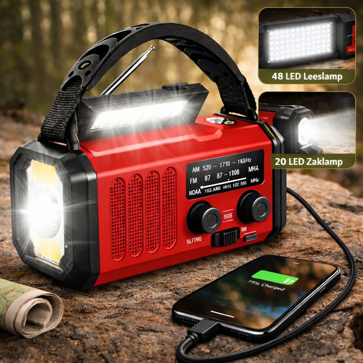 Premium Noodradio 2026 model met Handcrank en Zonne-energie - 10000mAh batterij - Multifunctionele LED Zaklamp en Telefoon Oplader