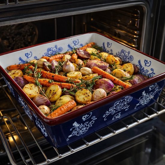 Ovenschaal met blauwe bloemenprint in een oven met geroosterde groenten.