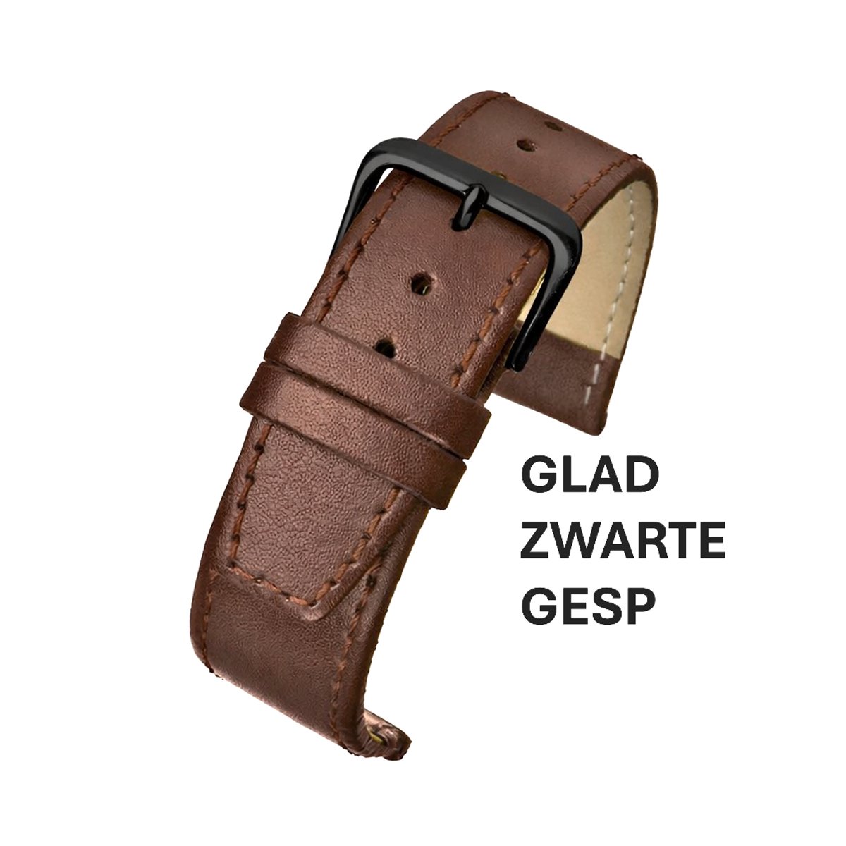 Horlogeband-horlogebandje-20mm-bruin-cognac-gestikt-echt leer-plat-zacht- zwarte gesp-leer-20 mm