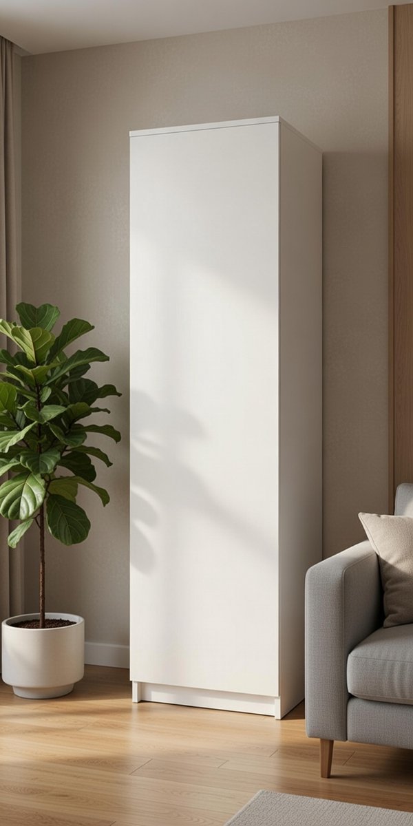 Multifunctionele Garderobekast 180 cm met Kledingstang en 4 Planken – Smalle Opbergkast voor Slaapkamer, Hal of Kantoor – Compacte Kledingkast Organizer van MDF Hout – Wit | NoviHome