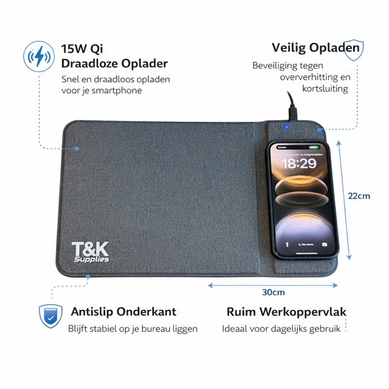 Muismat met Draadloze Oplader 15W – Qi Charger Muismat – Wireless Charging Mouse Pad – Antislip Bureau Muismat – Geschikt voor iPhone & Samsung – TK Supplies ChargeDesk