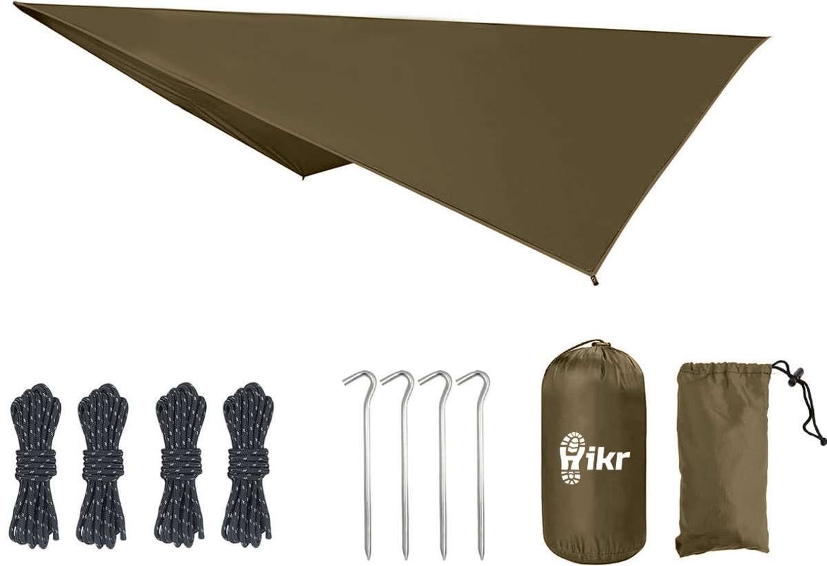 Hikr Tarp voor Hangmat – 210T Polyester – Bushcraft & Survival – Luifel en zonnescherm – Lichtgewicht tentzeil en regenzeil – Bruin