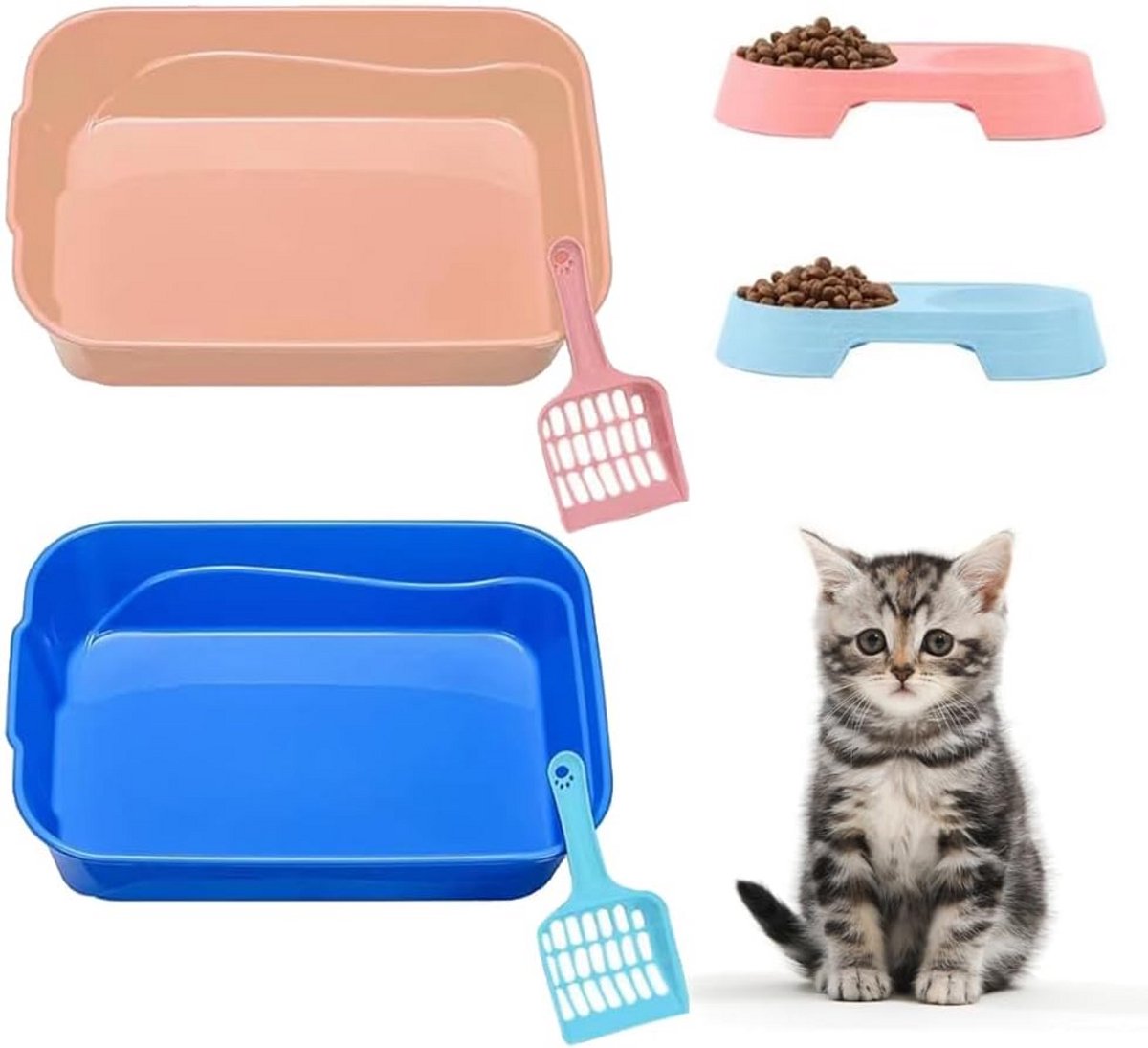 Kattenbak starterskit voor kittens – Kleine kattenbak zonder deksel met kattenbakmat, schep en kom