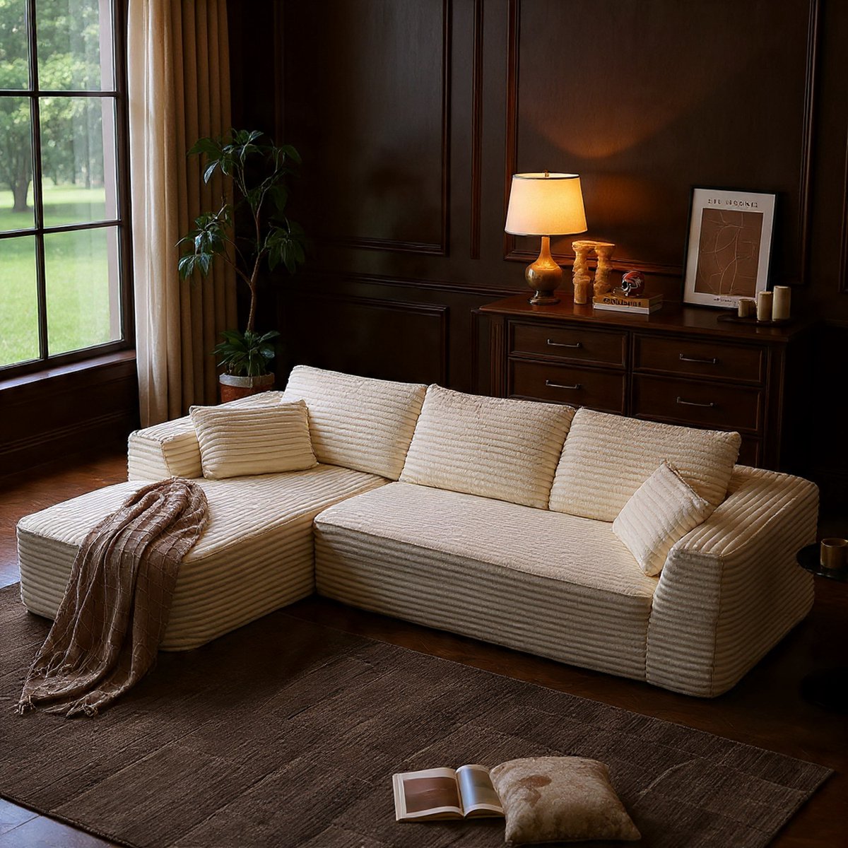 L-front Hoekbank met Slaapfunctie – Modulaire 3-zits Corduroy Bank met Chaise Longue – Comfortabele Sectionele Bank voor Woonkamer – Beige – Groene Montage Nodig – Luxe Pluche Stoffering - Casa Serena