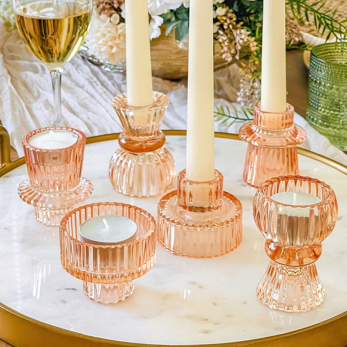 Vintage Geribbelde Roze Gouden Kandelaar Houders Set van 6 - Multifunctionele Decoratie vo