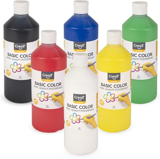 Six bouteilles de peinture poster Creall dans les couleurs noir, bleu, vert, rouge, jaune et blanc.