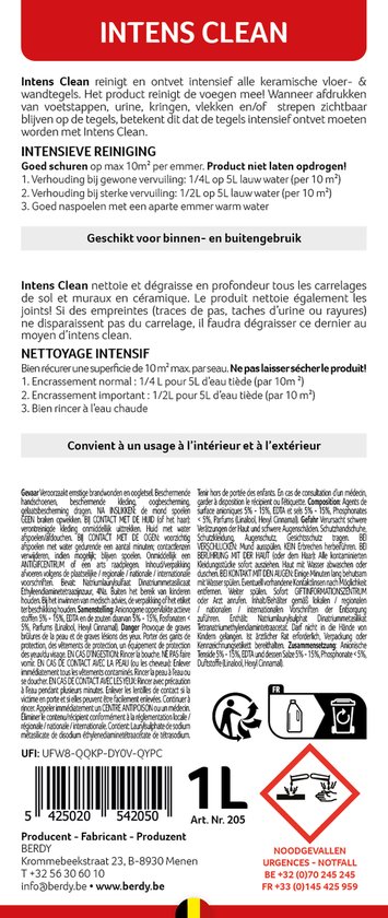 Verpakking met productinformatie voor "Intens Clean". Tekst en symbolen in het Nederlands en Frans.