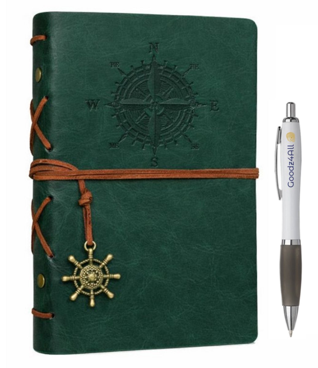 Goodz4All Vintage Lederen Notitieboek met Pen - Schetsboek Notebook - Travel Journal Refill Groen -Reis Dagboek Retro met Blanco Papier Navulbaar A5