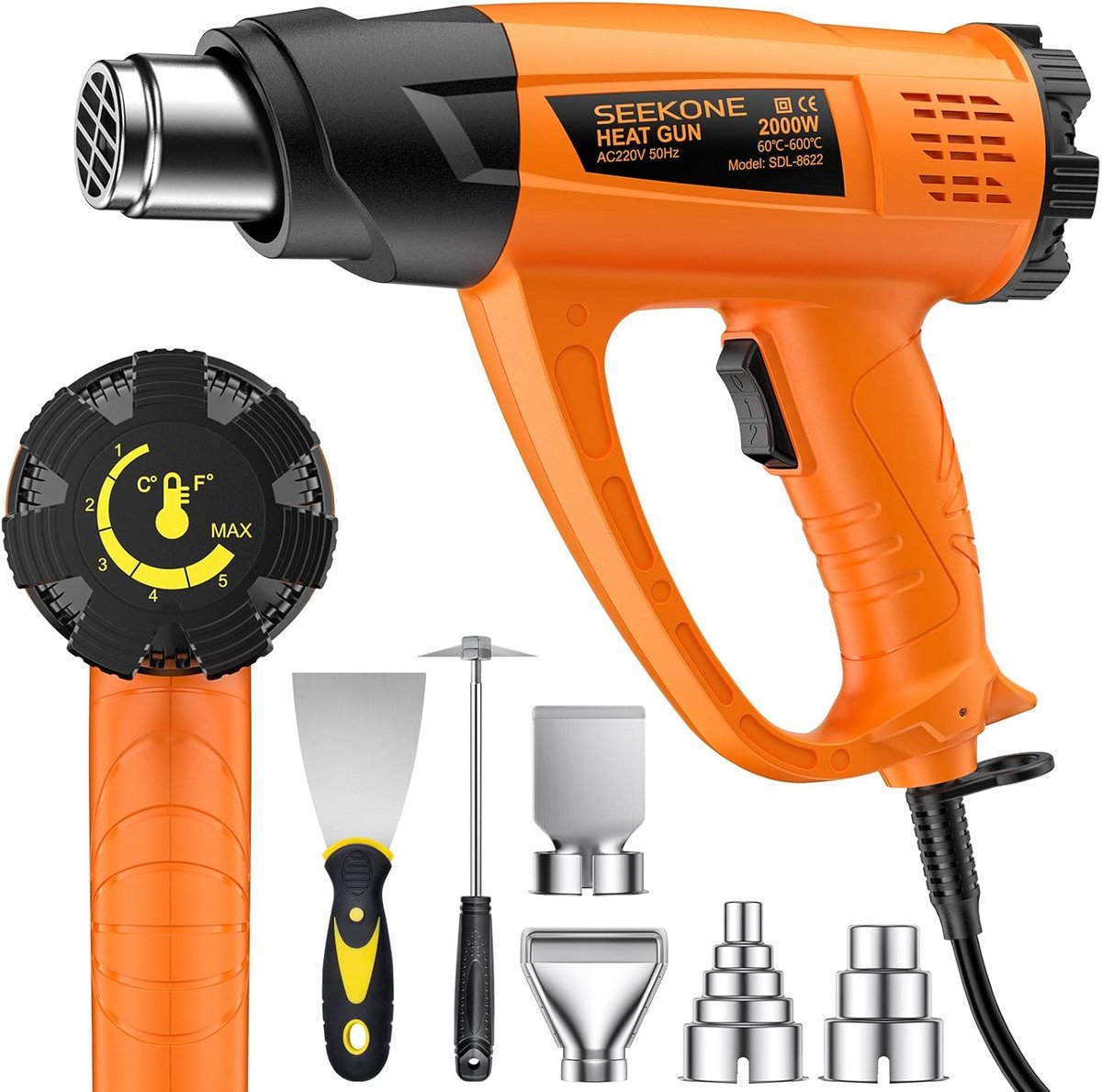 Heteluchtpistool met variabele temperatuur 60 - 600 °C en accessoires