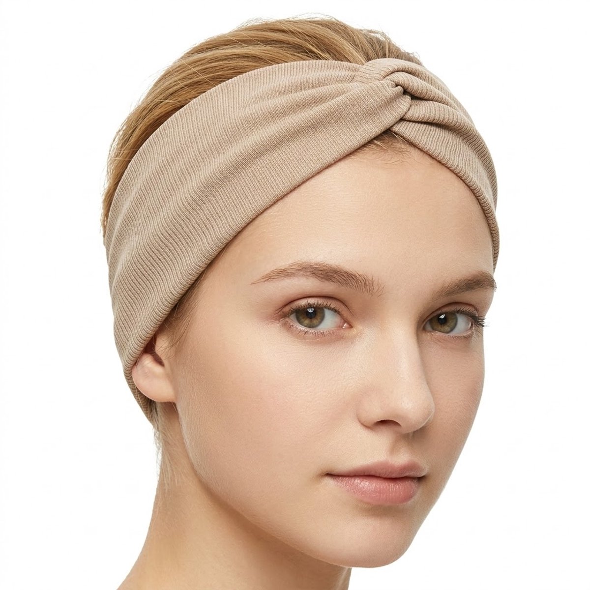 Beige elastische haarband met twistknoop voor dames – brede rekbare hoofdband – modieus en comfortabel haaraccessoire
