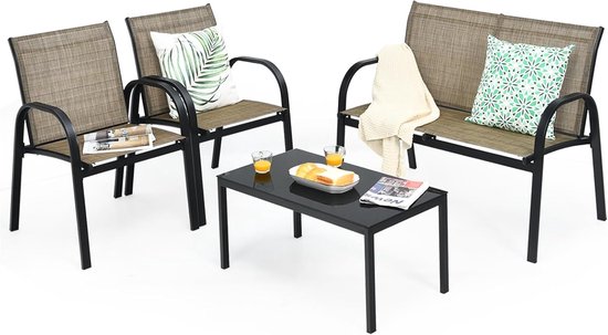 Zwart metalen tuinset met bruine stoelen en bank, met kussens en bijzettafel met eten en drinken.