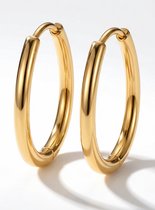 Gouden, ovale oorringen met een gladde afwerking, op een witte achtergrond.