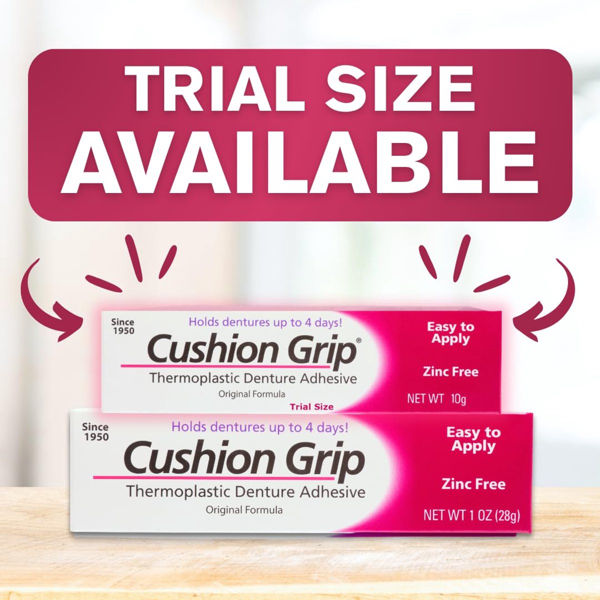 Cushion Grip Thermoplastic Denture Adhesive | Extra Sterke 4‑Dagen Hechting Voor Kunstgebitten en Gevoelige Tandvleeszones, Travel Size, 10g