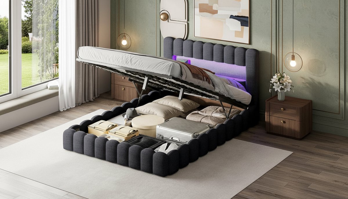 Gestoffeerd tweepersoonsbed 140x200 cm – Casa Velluto Bubble LED bed met USB-oplaadfunctie, hydraulisch bedframe, zachte eiken rugleuning, linnen, modern jeugdbed zonder matras – grijs met LED