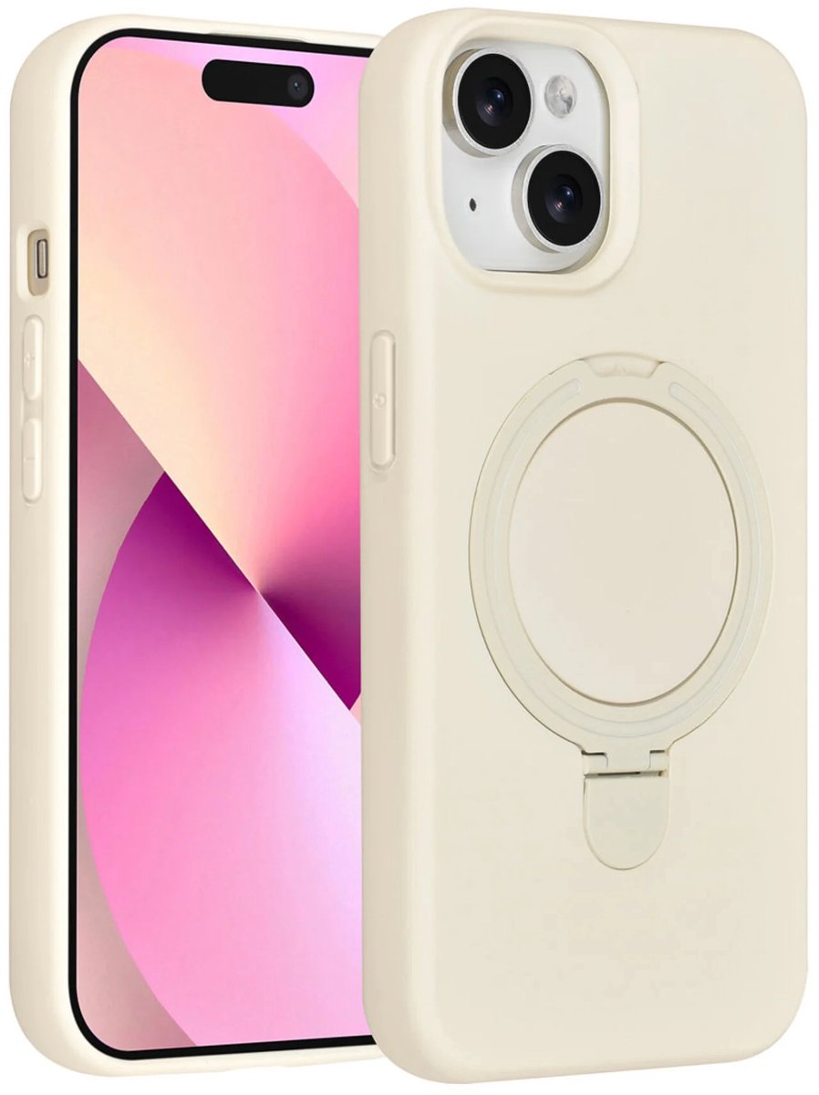 Backcover Hoesje Geschikt voor: iPhone 15 Volledig Dekkende Schokbestendige Siliconen Backcover met Ringstandaard – 360° Bescherming - Antique White