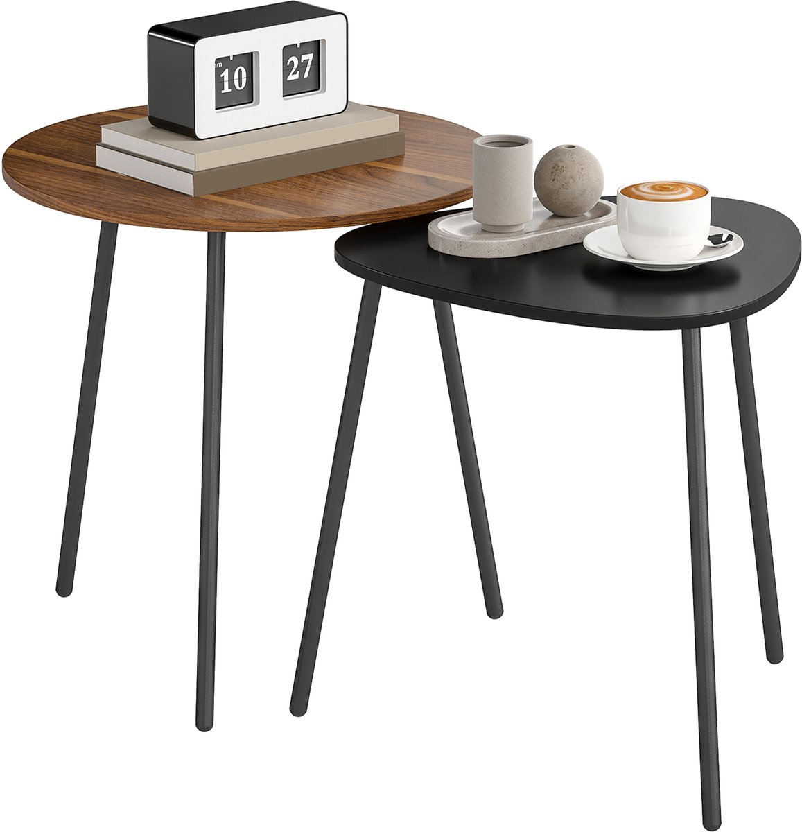 Homcom bijzettafelset - Metaal, MDF - 45x45x46,7 cm - Walnoot en zwart