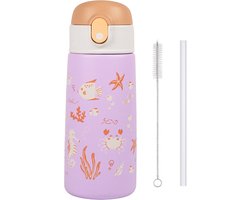 Pure Luv RVS Drinkfles met rietje - Oceansip - Drinkbeker - Paars - 500ml - Roestvrijstaal - Voor Kinderen - Inclusief Schoonmaakborstel - Kind- Peuter - BPA vrij - Peuterfles - Schoolfles - Schoolreisje - Vakantiefles