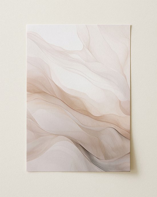 Poster met een abstract patroon van vloeiende, overlappende beige lijnen.