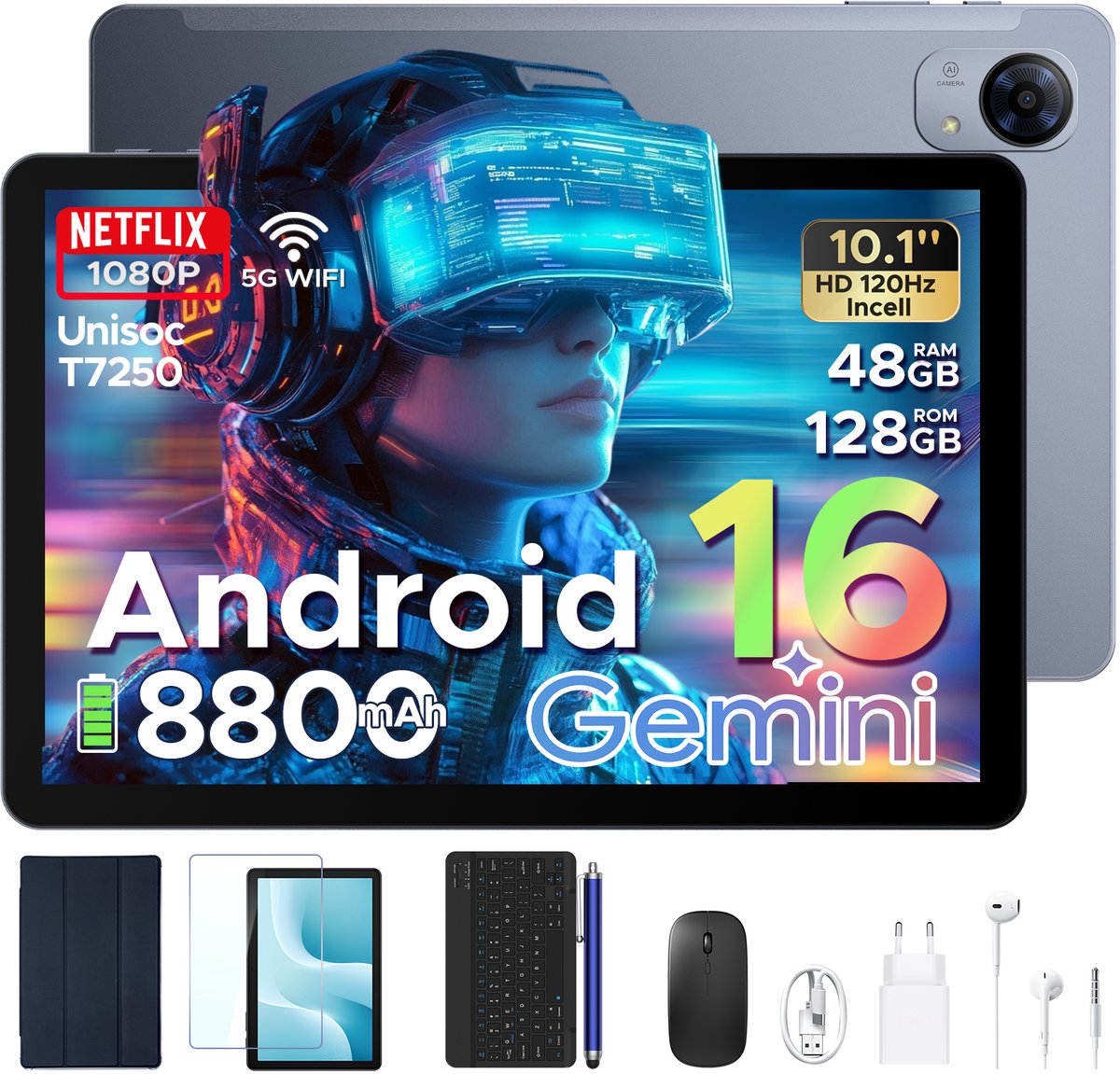 POCKAM P10 Pro - Tablet - 48 GB RAM (8+40 GB) + 128 GB ROM (2 TB/TF) - Android 16 - 10,1 inch HD 120 Hz - 8800 mAh - Gemini AI - T7250 Octa Core - Face ID - Dubbele luidsprekers, complete accessoirebundel met toetsenbord en stylus
