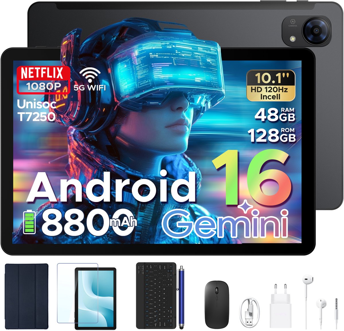 POCKAM P10 Pro - Tablet - 48 GB RAM (8+40 GB) + 128 GB ROM (2 TB/TF) - Android 16 - 10,1 inch HD 120 Hz - 8800 mAh - Gemini AI - T7250 Octa Core - Face ID - Dubbele luidsprekers, complete accessoirebundel met toetsenbord en stylus