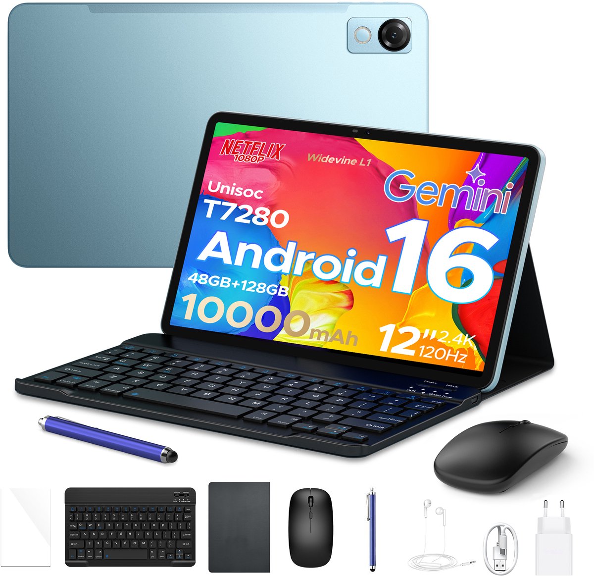 Aorlym P12 - Tablet - 48 GB RAM (8+40 GB) - 128 GB ROM (2TB/TF) - 12 inch 2K 120 Hz IPS - Android 16 - 10000 mAh /18 W - T7280 OctaCore - Dubbele camera - WiFi 5 - Bluetooth - Face ID - Toetsenbord - Stylus meegeleverd - Blauw