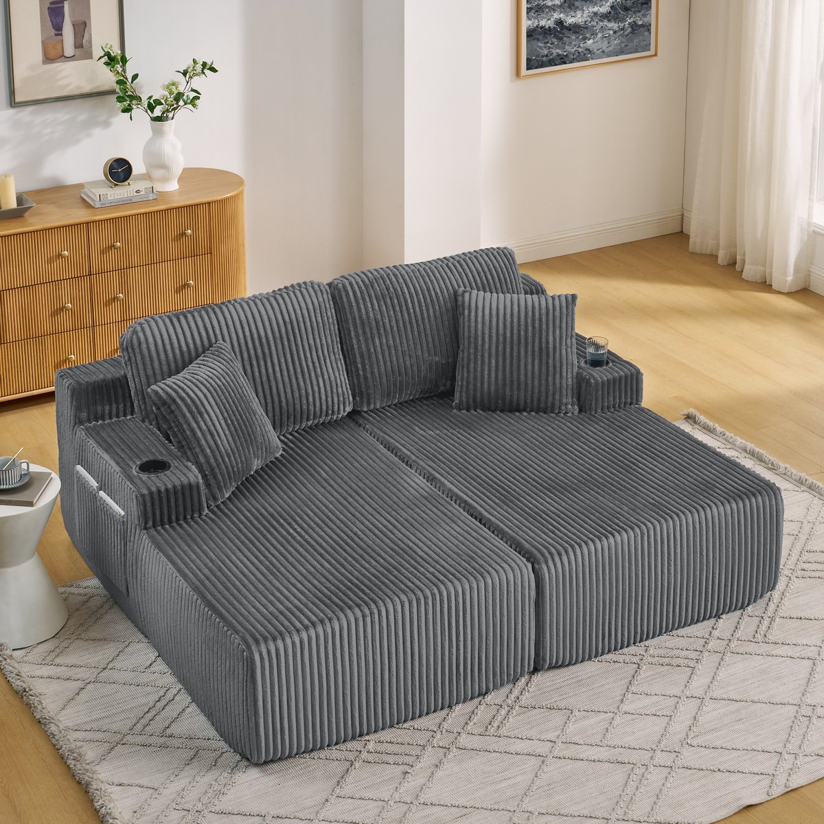 Tweezits Relaxbank/Loungestoel, Zachte Corduroy Stof, met Zijvak voor Tijdschriften, Bekerhouder en Kussens, Geschikt voor Woonkamer, Speelkamer, Studeerkamer, Logeerkamer en Appartement, Grijs