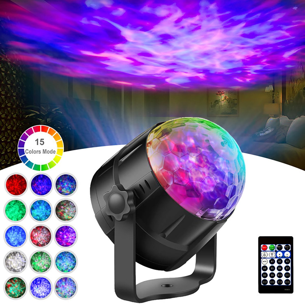 ANMI® LED Sterrenprojectorlamp - Noordpoollicht Projector - 15 Kleuren, Sterren & Oceaan Waterpatroon - Sfeerverlichting voor Kinderkamer, Kamperen & KTV - Verstelbare Hoek