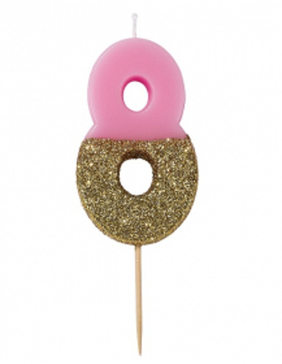 TALKING TABLES - Kaars op prikker cijfer 8 roze en goud glitter 13,8 cm voor verjaardagstaart