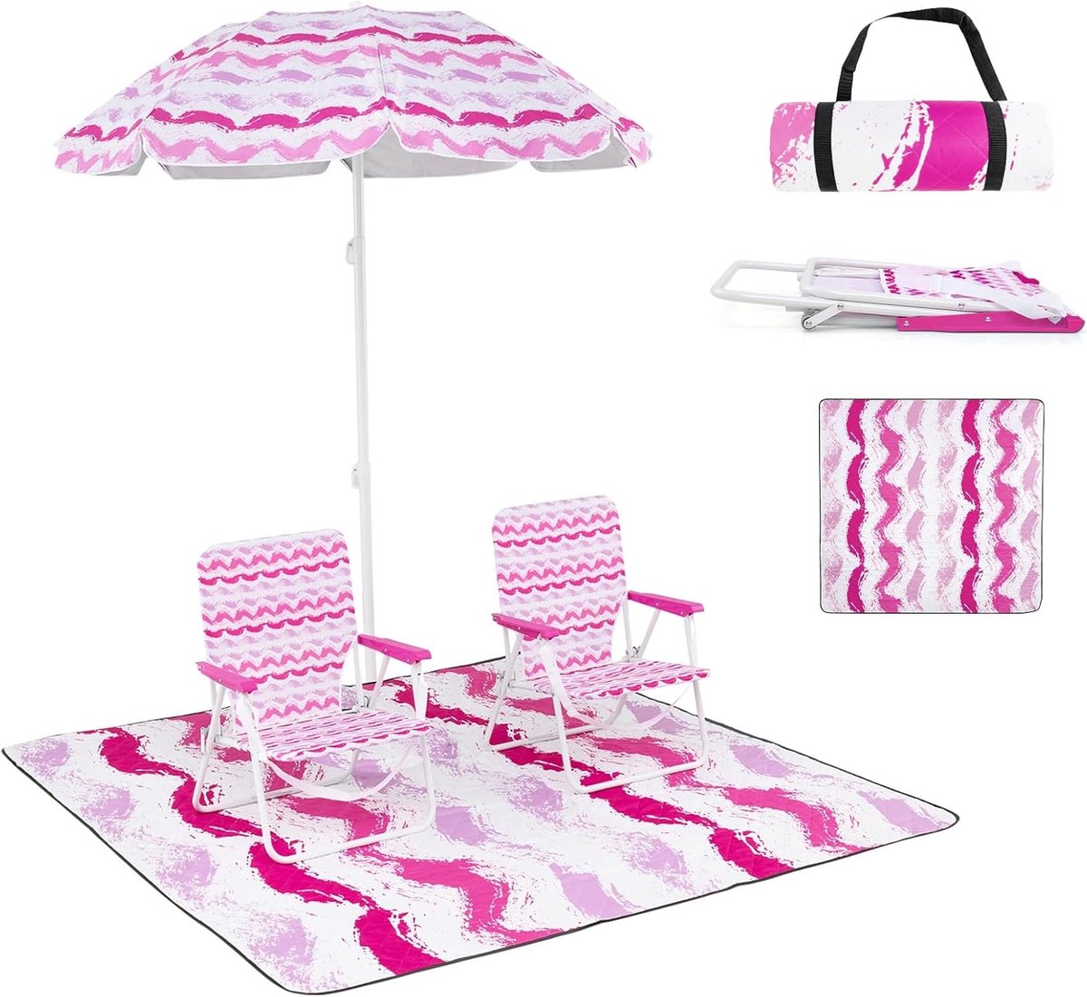 KOMFOTTEU Set van 4 strandset, 2 ligstoelen, 1 tapijt, 1 parasol φ 175 cm, Campingstoel, klapstoel, belasting 150 kg