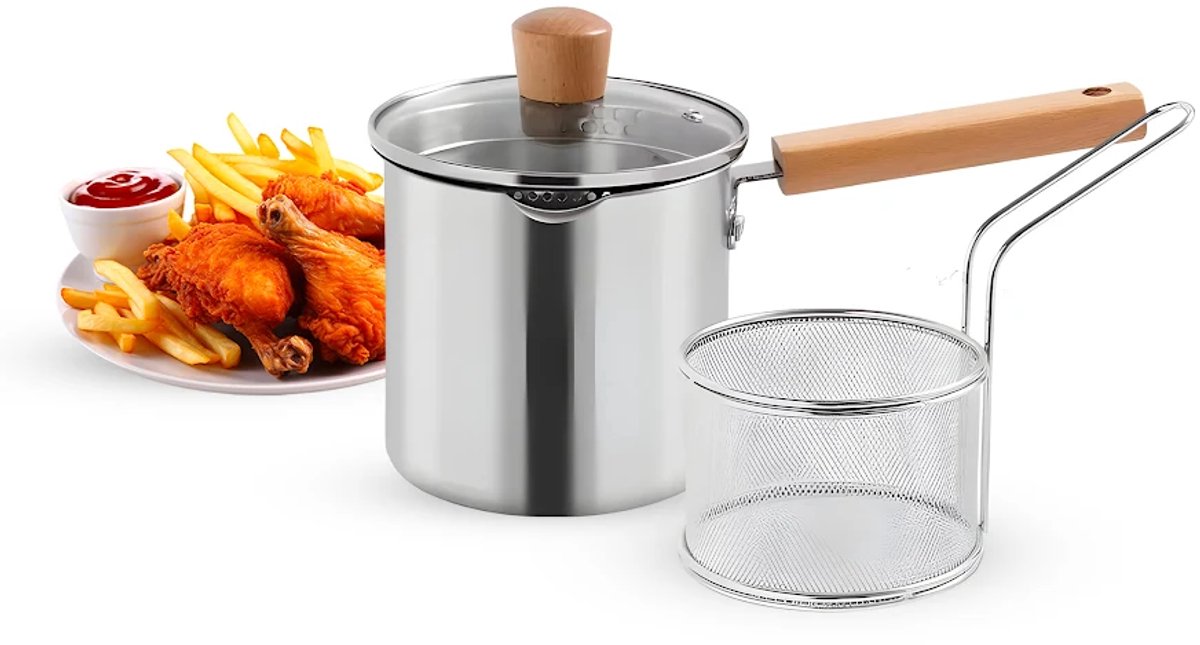 SEZGoods Kleine Frituurpan met Mandje – 1,5 Liter - Mini Friteuse - Geschikt voor gas en inductie - RVS - 13.5X15CM