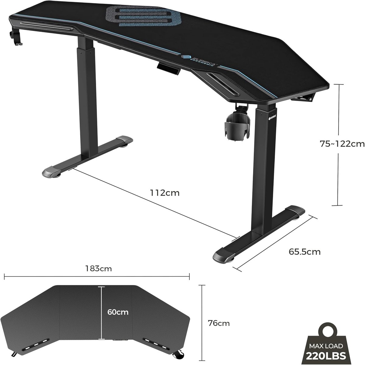 Electric Height Adjustable Wing-Shaped Gaming Desk 180 x 76 cm – Large Carbon Fiber Surface, Dual Motor, Adjustable for Home Office, Studio, Streaming, and Gaming – Abkantoor