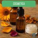 Bruine flesjes met pipet en een potje crème, omringd door gedroogde bloemblaadjes en een zonnebloem. COSMEITCA.