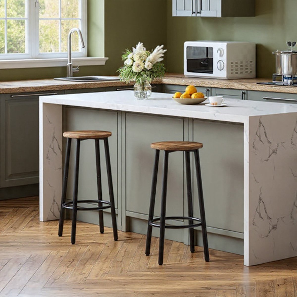 Industrial Loft Barkrukken Set van 2 – Rond 64 cm – Rustiek Bruin met Zwart Metaal – Keukeneiland & Bartafe Casa Serena – 64 cm – Casa Dorada