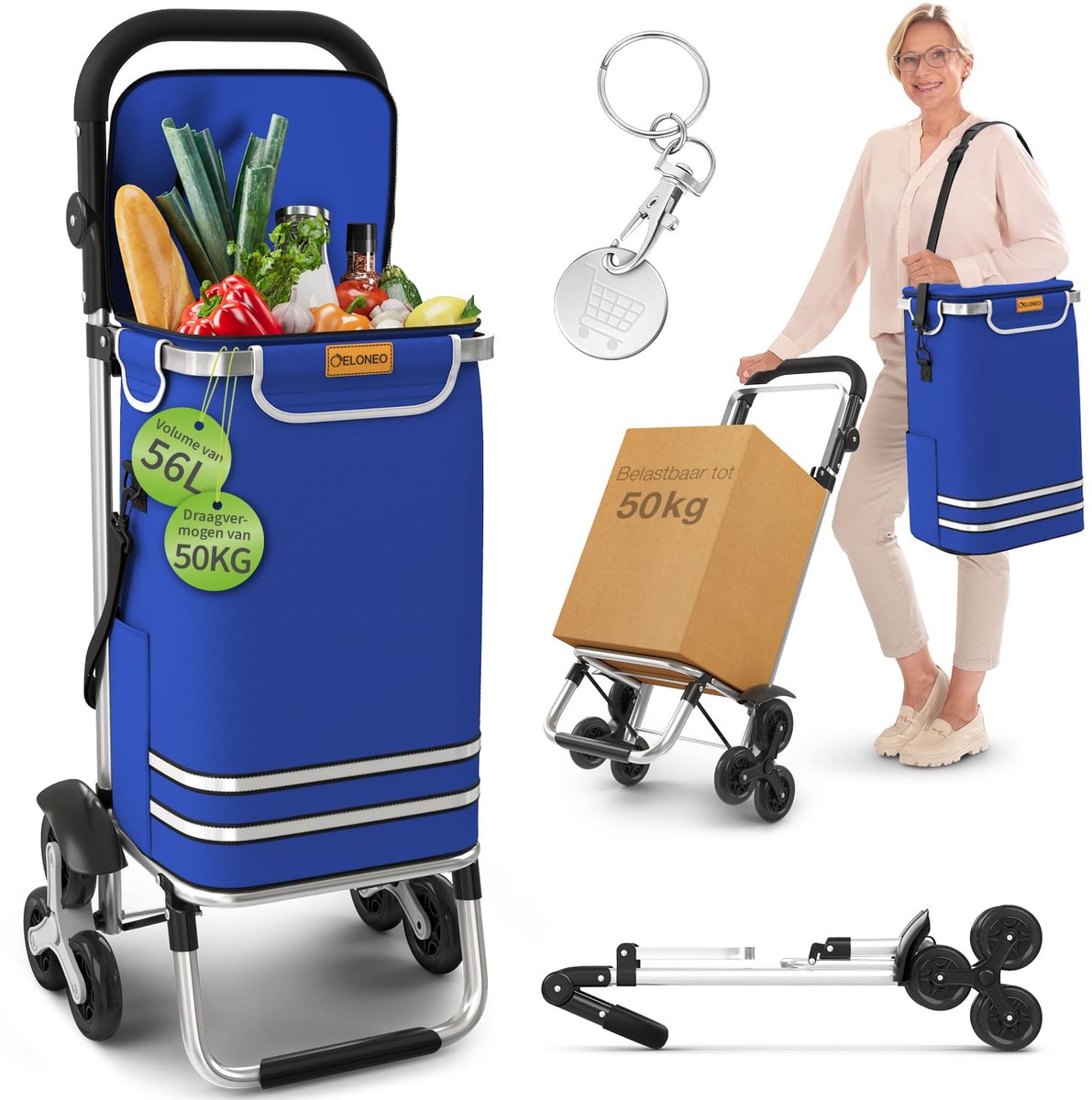 ELONEO Boodschappentrolley traploper met koelvak, opvouwbare boodschappenroller, shopping trolley 56 L - blauw