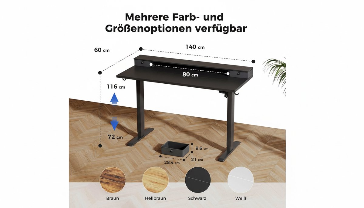 Electric Desk – Casa Velluto ErgoMax 140x60 cm – Elektrisch Hoogteverstelbaar Bureau met 2 Laden en Geheugenfunctie – Zwart – Ergonomisch Zit-Sta Bureau voor Thuis en Kantoor