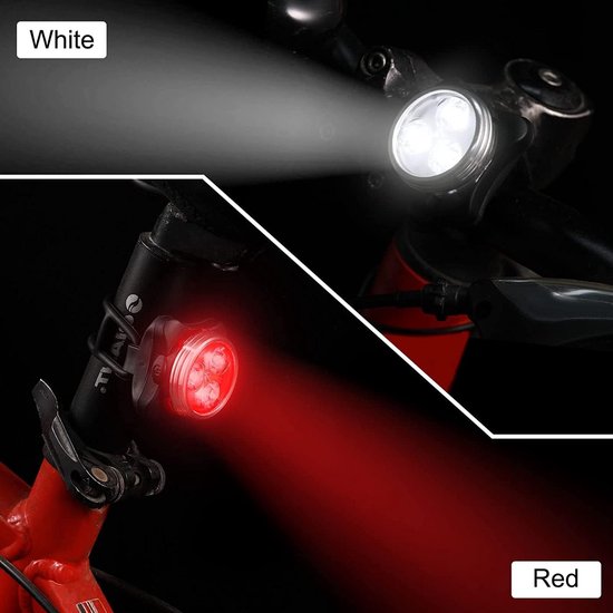 Fietsverlichting - LED Fietslamp Set - Oplaadbare fietslampjes - Voorlicht / Achterlicht - Rood en Wit - Fietslicht Koplamp - Waterbestendig - Voor Nachtelijk Fietsen, Wandelen en Noodverlichting — afbeelding 2