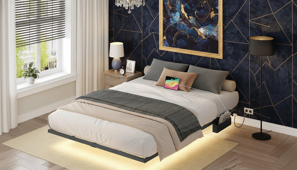 Bed Frame 140x200 cm – Modern Zwart Met Zweefeffect & LED Verlichting – Casa Velluto Luxe Zwevend Bedframe voor Standaard Matrassen – Metaal Gevernist – Inclusief Accessoires en LED Afstandsbediening