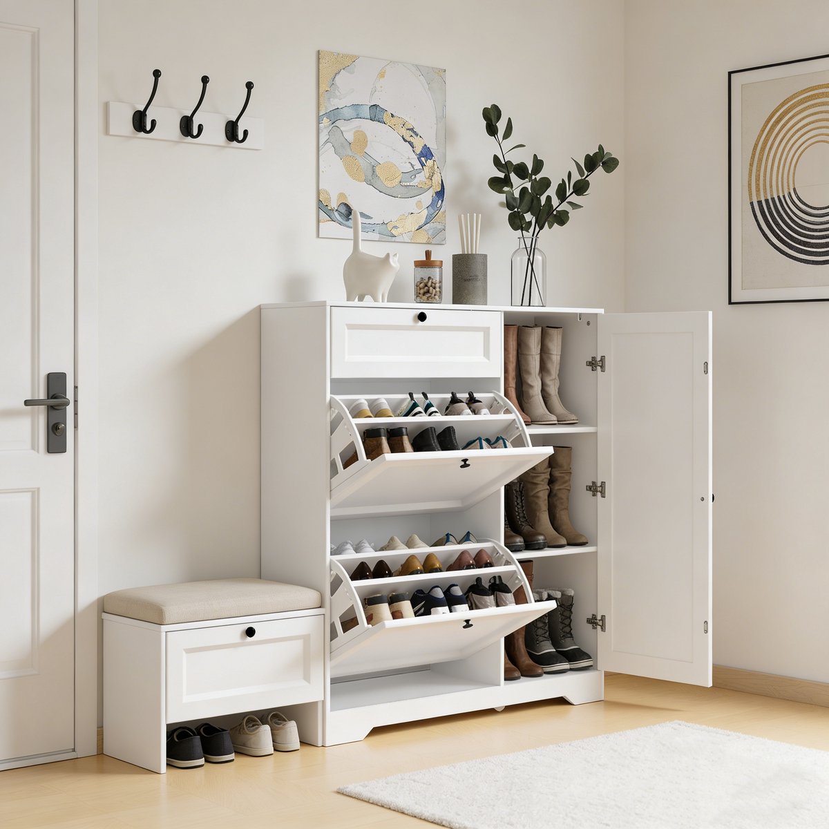 Bealife FS60 Opvouwbaar smal schoenenrek – Met 3 deuren & 1 lade – Inclusief verstelbare planken – Ook geschikt voor laarzen – 102 x 100 x 30 cm – Wit