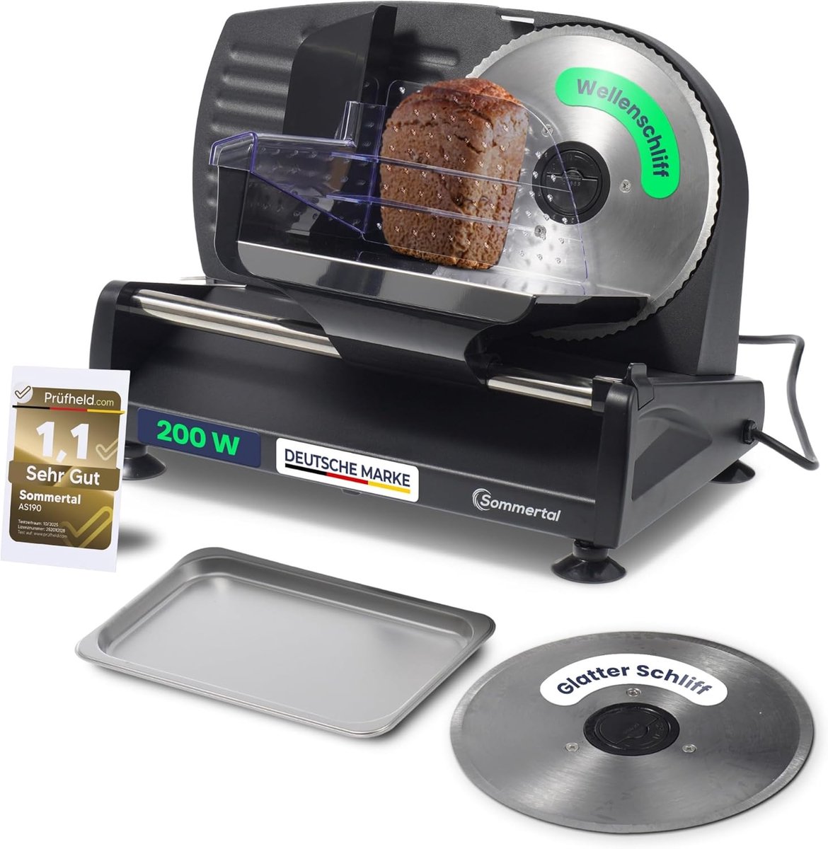 Sommertal Multifunctionele Snijmachine AS190 DUAL – 200W, RVS Mes met Gegolfde en Gladde Snede, Elektrische Snijmachine voor Brood, Kaas, Vlees, Dikte Verstelbaar (0-15mm)