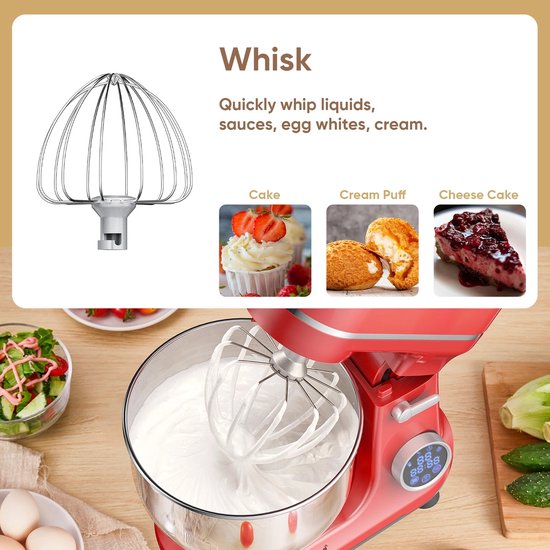 Shopwizz Keukenmachine - Met Mengkom - OLED Scherm - Incl. Garde, Deeghaak en Platte Haak - 11 Snelheden - Blender - Mixer - 2000W - 6.2L - Rood van Merkloos — afbeelding 5