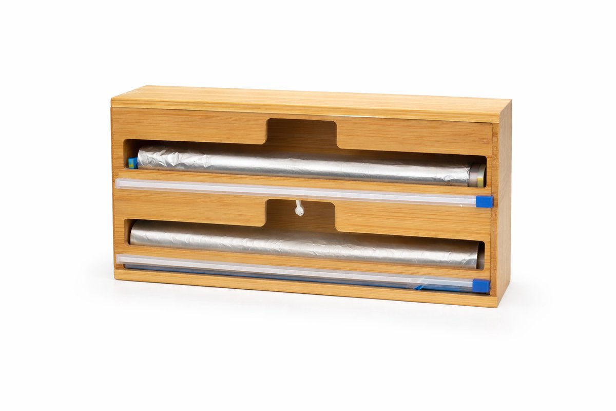 Cheffinger Vershoudfolie & Aluminiumfolie Dispenser - Bamboe - Wrap Dispenser - Bakpapier - Plastic - Keukenrol - Vershoudfolie - 2-in-1 Organizer