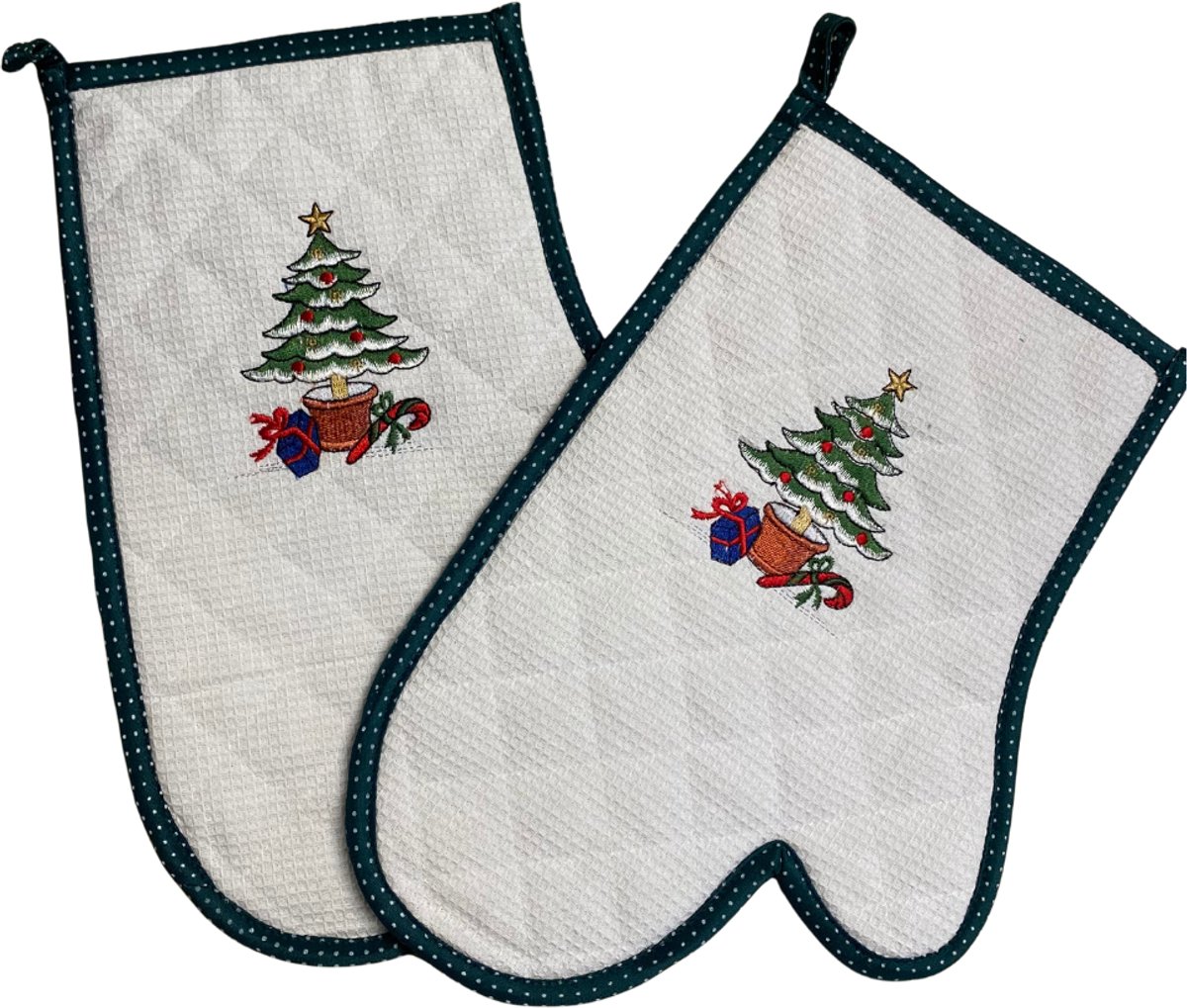 Ovenwant – Kerst – Set van 2 – Wit met Groene Rand en Kerstboom